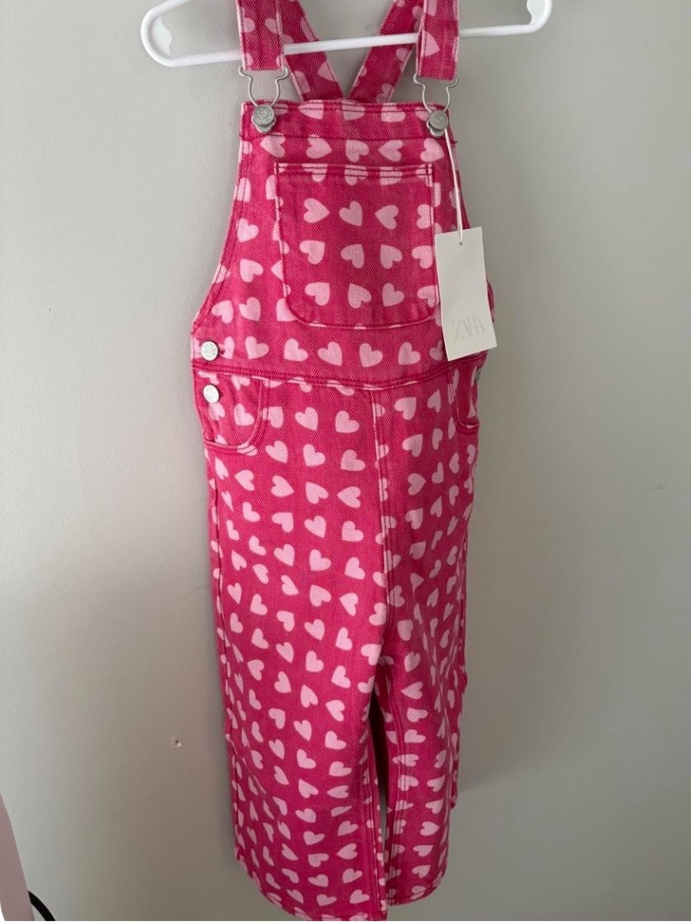 Zara Pink Heart-Print Denim Overalls